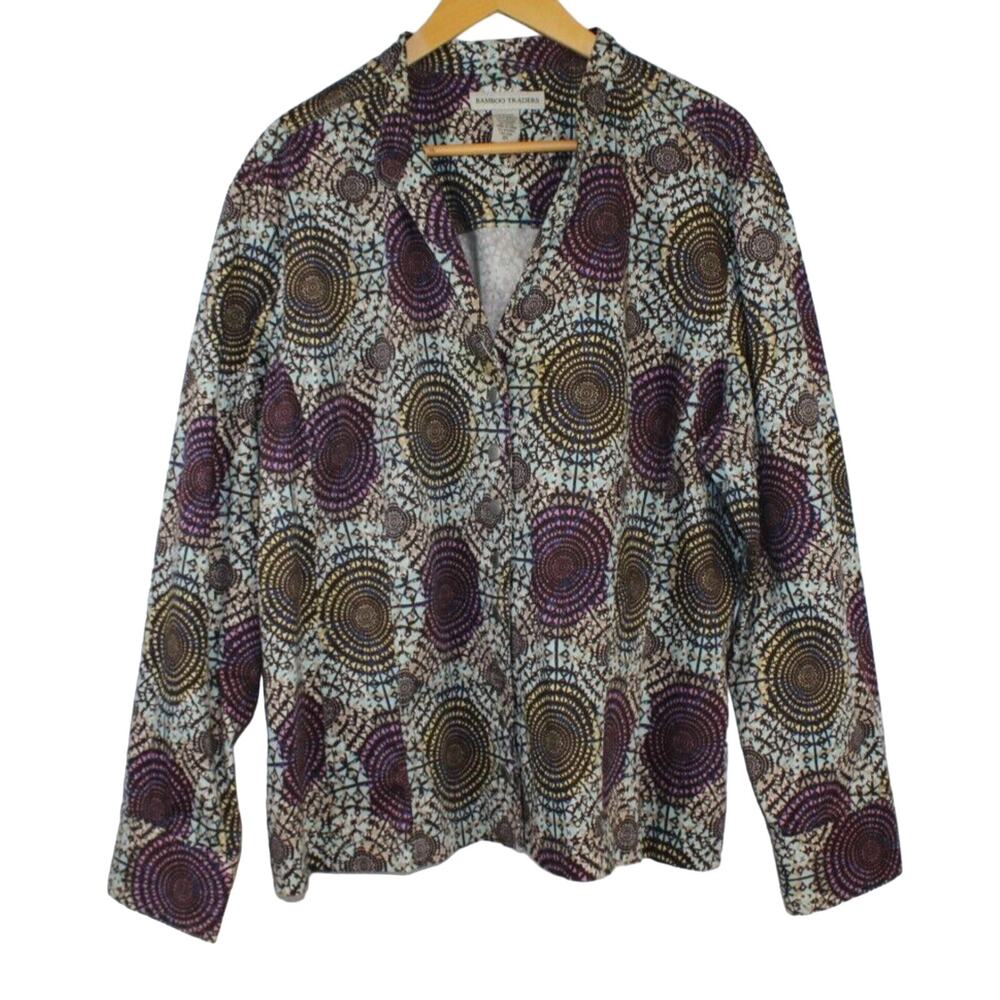Bamboo Traders Button Up Shirt Women's 3X Cotton Geometric Artsy